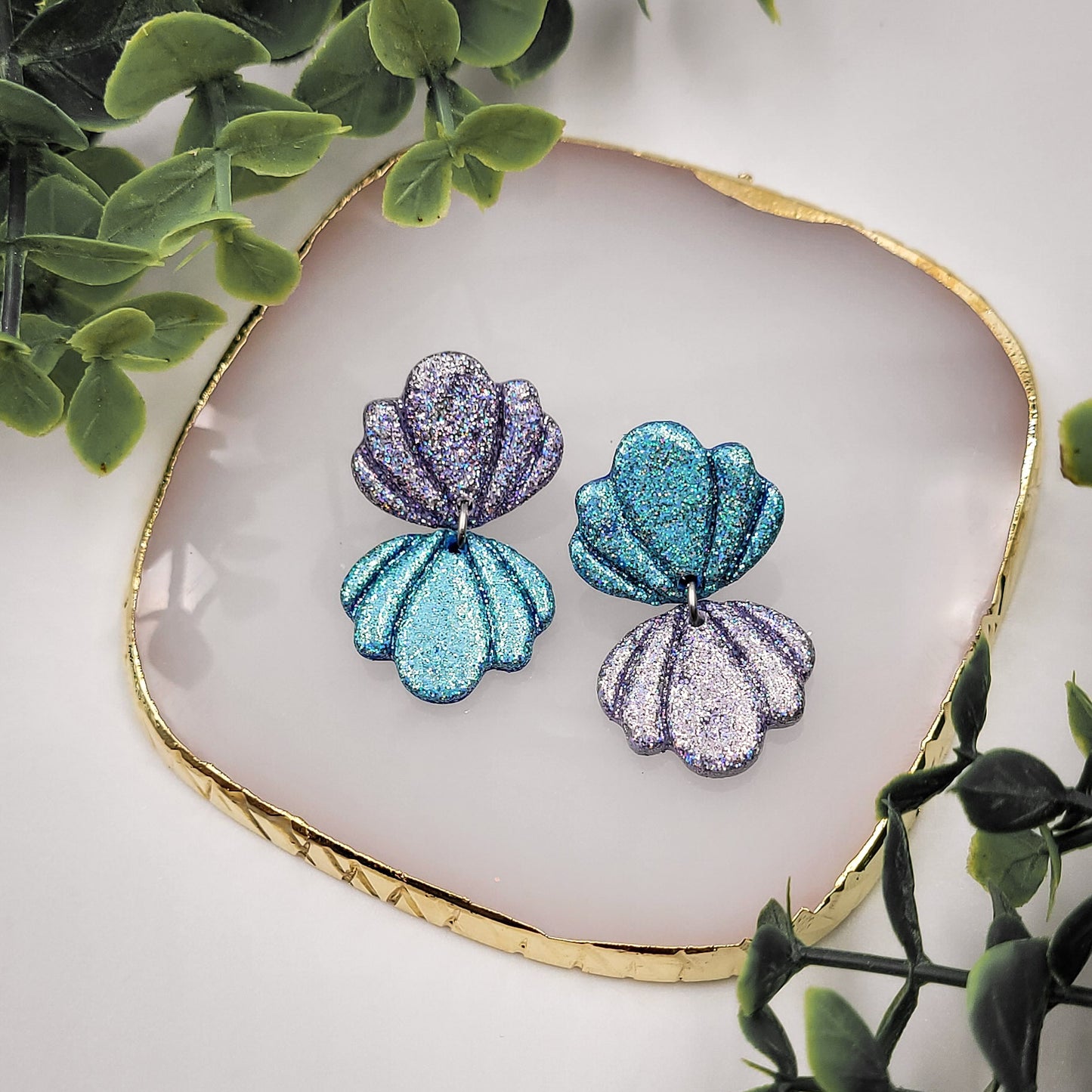 Brincos Coral | Conchas | glitter | polymer clay