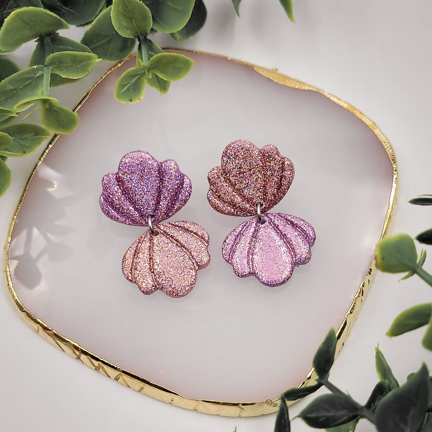 Brincos Coral | Conchas | glitter | polymer clay