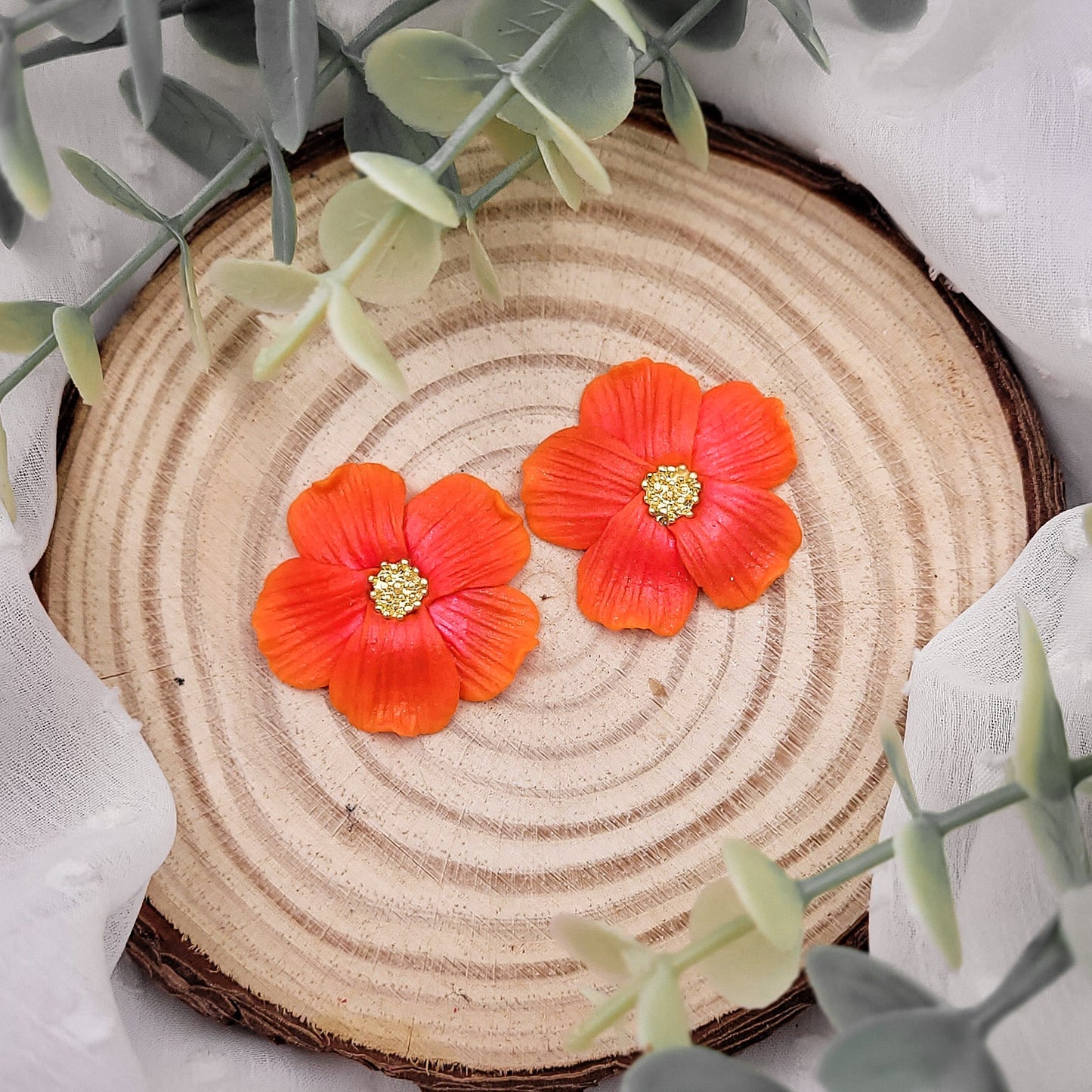 Brincos Lídia | flor | hibisco | polymer clay